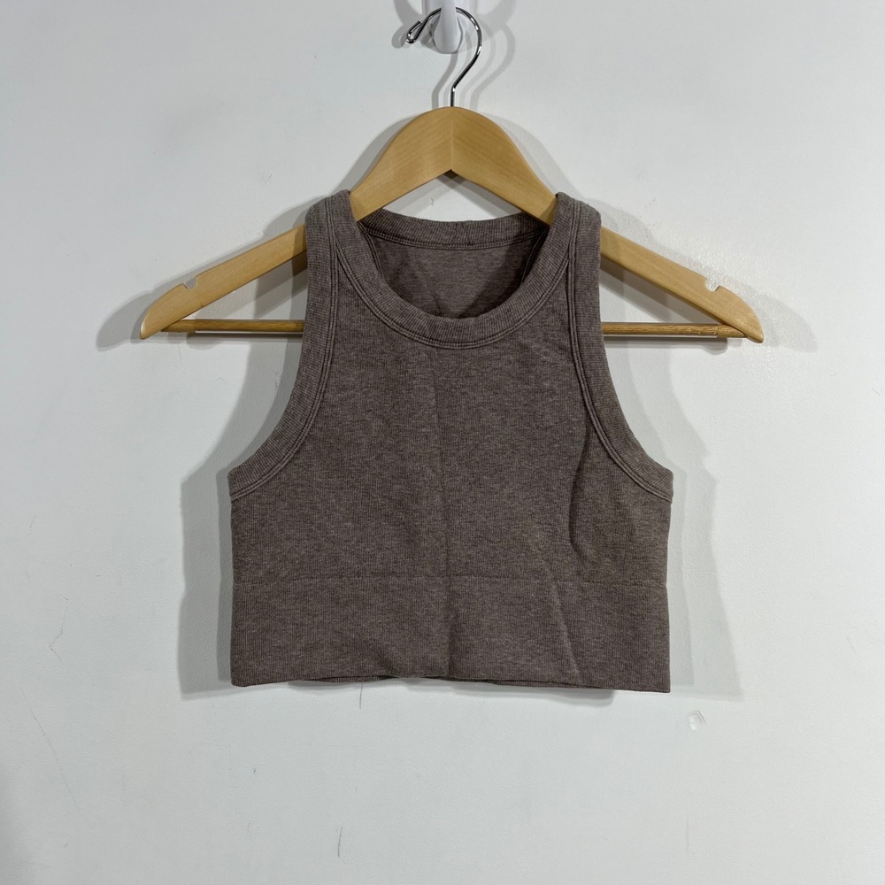 Alo Yoga Sporty Seamless Ribbed Crop Tank Top Brown Racerback Womens XS Neutral